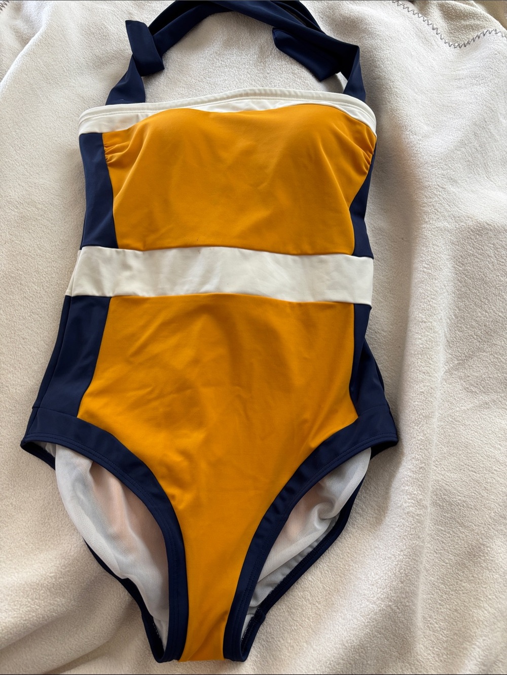 Boden US 4 long Navy & Mustard One-Piece Swimsuit with White Band